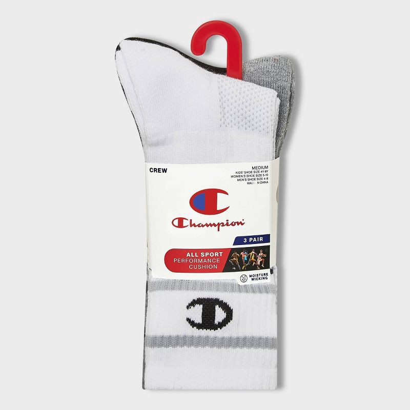 slide 4 of 4, Champion All Sport Performance Crew Socks 3pk - Black/Gray/White M, 3 ct