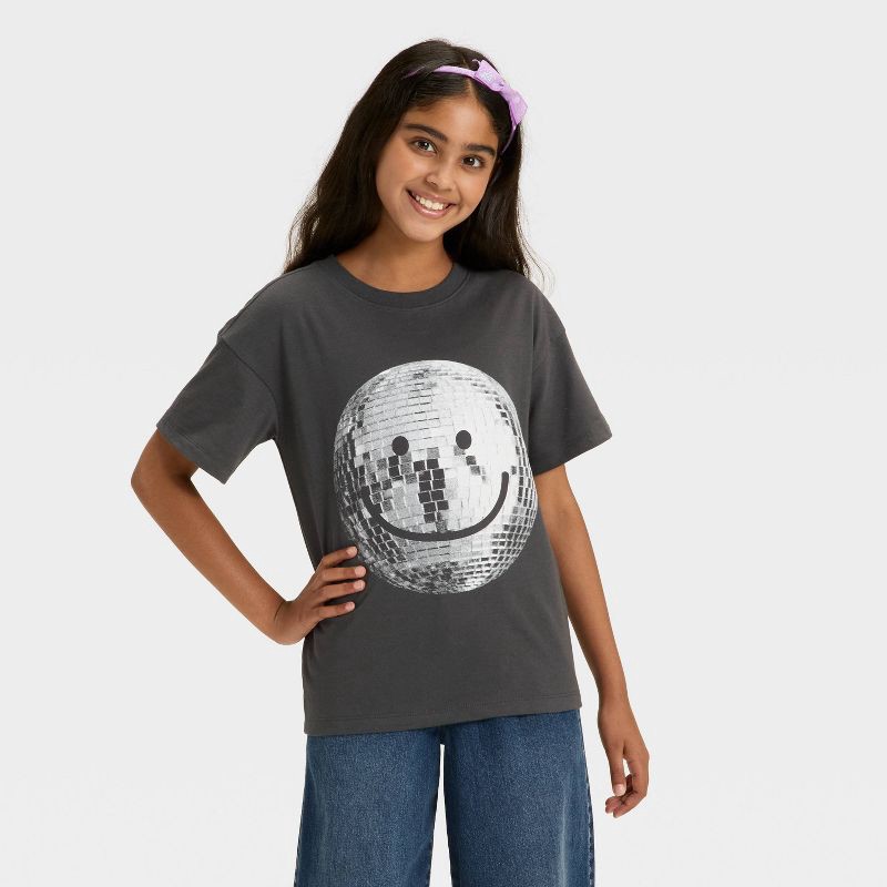 slide 1 of 4, Girls' Short Sleeve Oversized Graphic T-Shirt - Cat & Jack™ Charcoal Gray M, 1 ct