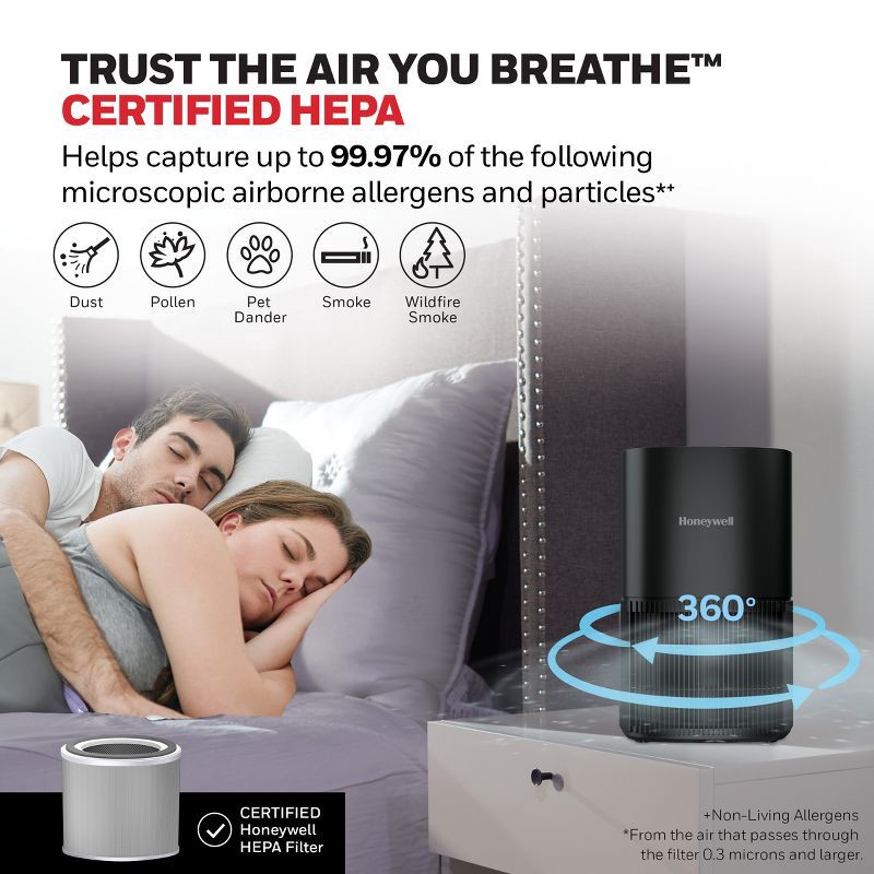 slide 6 of 10, Honeywell Allergen Plus True HEPA Air Purifier Black HPA120, 1 ct
