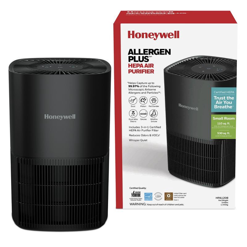 slide 1 of 10, Honeywell Allergen Plus True HEPA Air Purifier Black HPA120, 1 ct