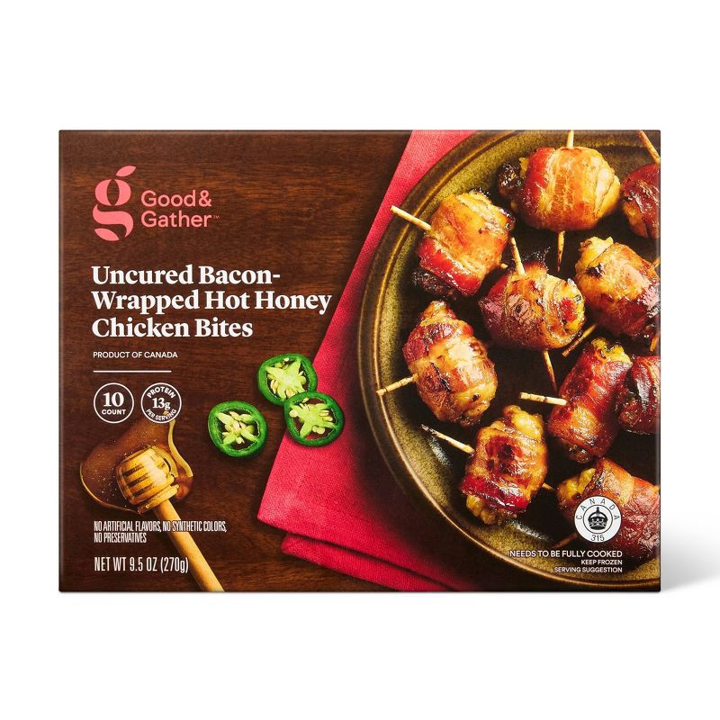 slide 1 of 4, Frozen Uncured Bacon Wrapped Chicken Bites - 9.52oz - Good & Gather™, 9.52 oz