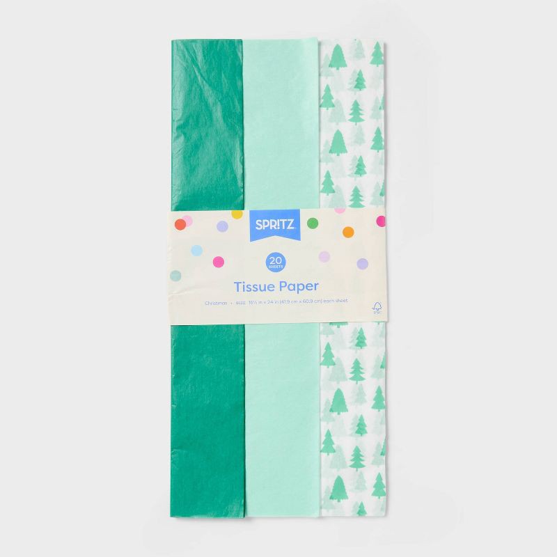 slide 3 of 3, 20ct Christmas Tree Print and Solid Tissue Paper Green/Mint/White - Spritz™, 20 ct