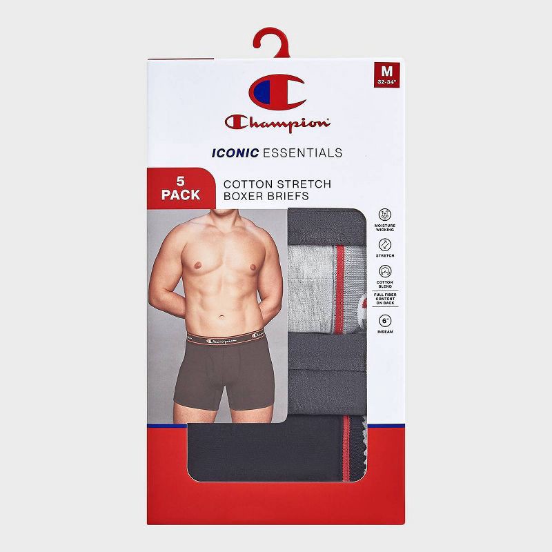 slide 4 of 5, Champion Men's Iconic Essentials 5pk Wicking Boxer Briefs - Heathered Black/Gray S, 5 ct