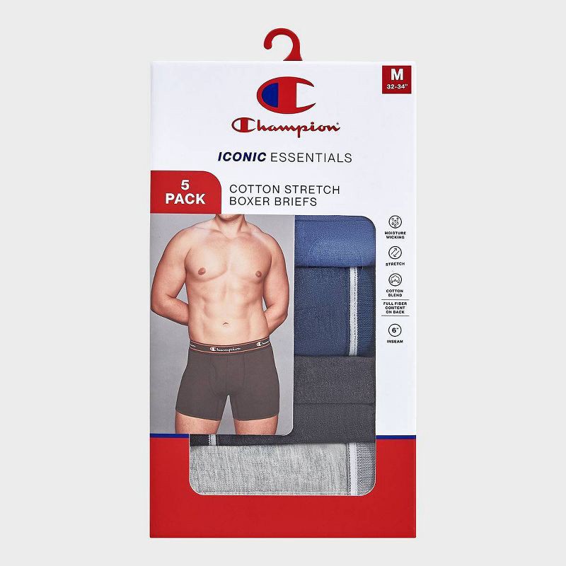 slide 3 of 5, Champion Men's Iconic Essentials 5pk Wicking Boxer Briefs - Heathered Blue/Gray XL, 5 ct