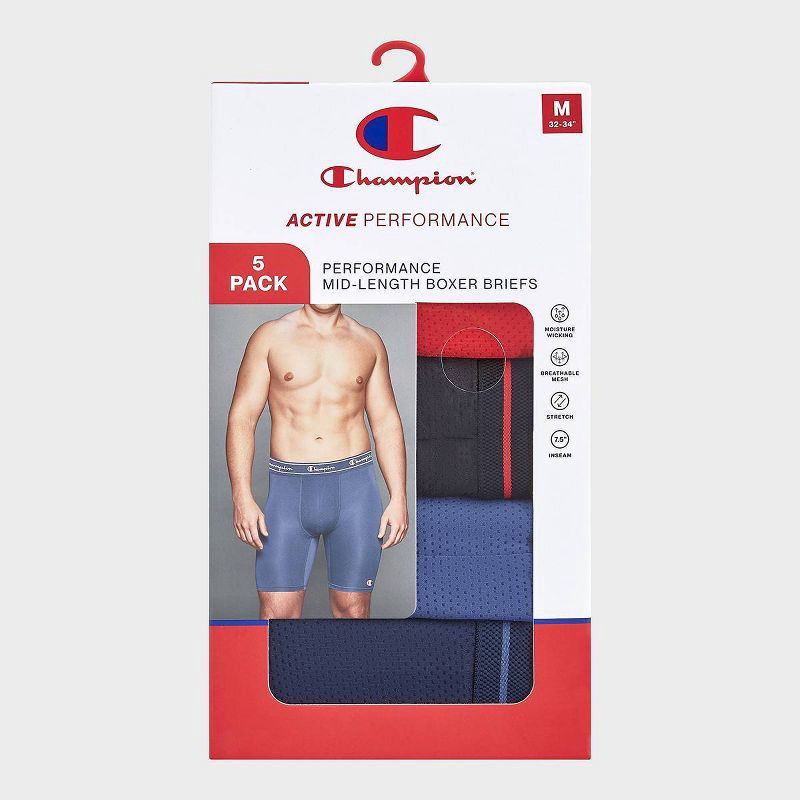 slide 2 of 5, Champion Men's Active Performance 5pk Breathable Mid-Leg Boxer Briefs - Black/Red/Gray/Blue XXL, 5 ct