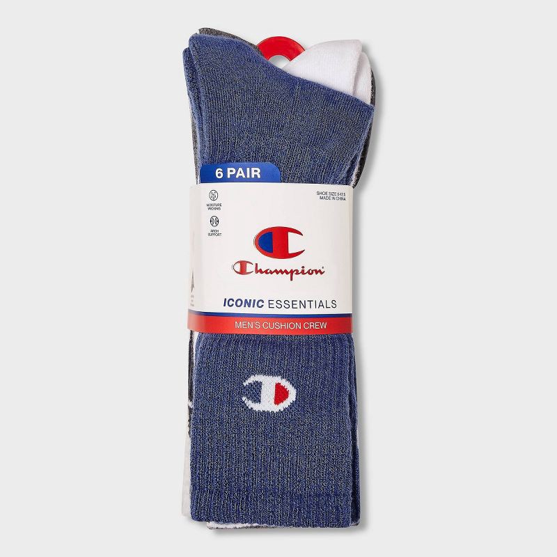 slide 2 of 5, Champion Iconic Essentials Men's 6pk Cushion Crew Socks - Blue 6-12, 6 ct