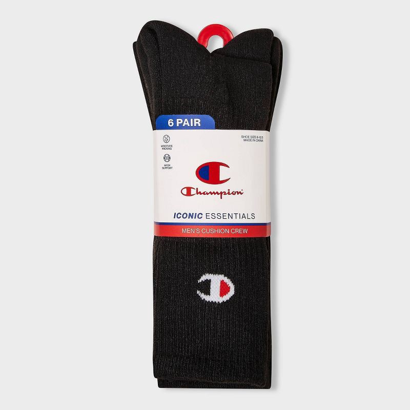slide 2 of 4, Champion Iconic Essentials Men's 6pk Cushion Crew Socks - Black 6-12, 6 ct