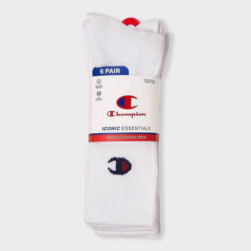slide 2 of 4, Champion Iconic Essentials Men's 6pk Cushion Crew Socks - White 6-12, 6 ct