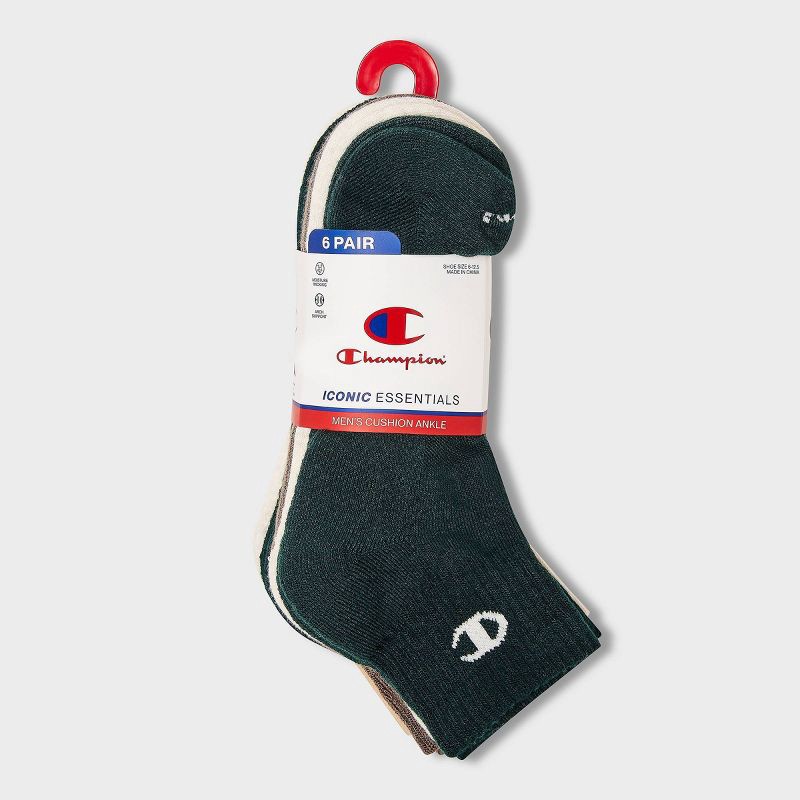 slide 2 of 4, Champion Iconic Essentials Men's 6pk Cushion Quarter Socks - Green/Cream/Tan 6-12, 6 ct