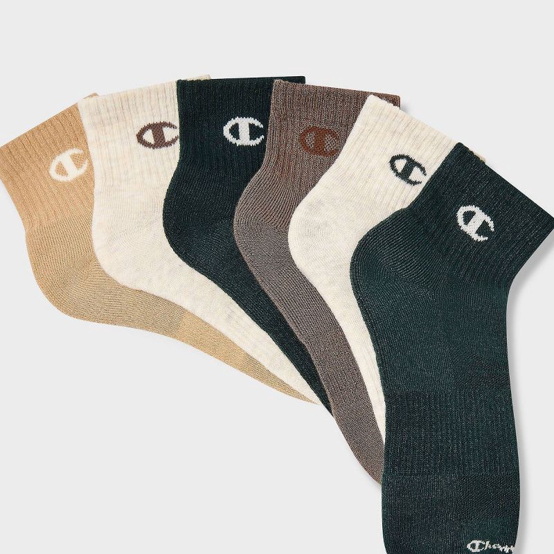 slide 3 of 4, Champion Iconic Essentials Men's 6pk Cushion Quarter Socks - Green/Cream/Tan 6-12, 6 ct