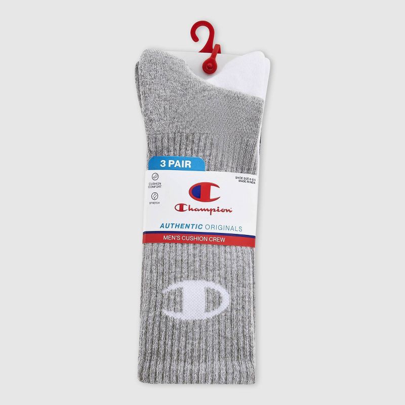 slide 2 of 4, Champion Authentic Originals Men's 3pk Logo Cushion Crew Socks - Gray/White/Black 6-12, 3 ct