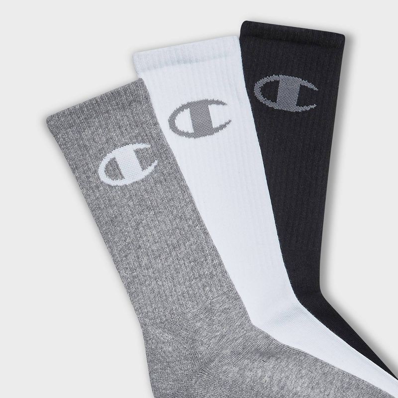 slide 3 of 4, Champion Authentic Originals Men's 3pk Logo Cushion Crew Socks - Gray/White/Black 6-12, 3 ct
