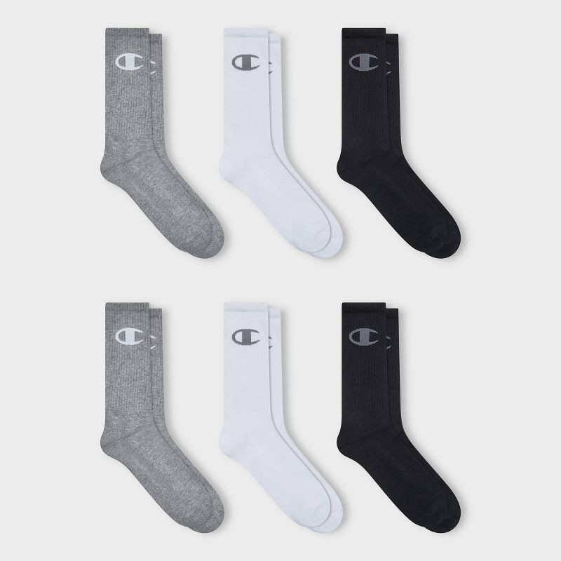 slide 4 of 4, Champion Authentic Originals Men's 3pk Logo Cushion Crew Socks - Gray/White/Black 6-12, 3 ct