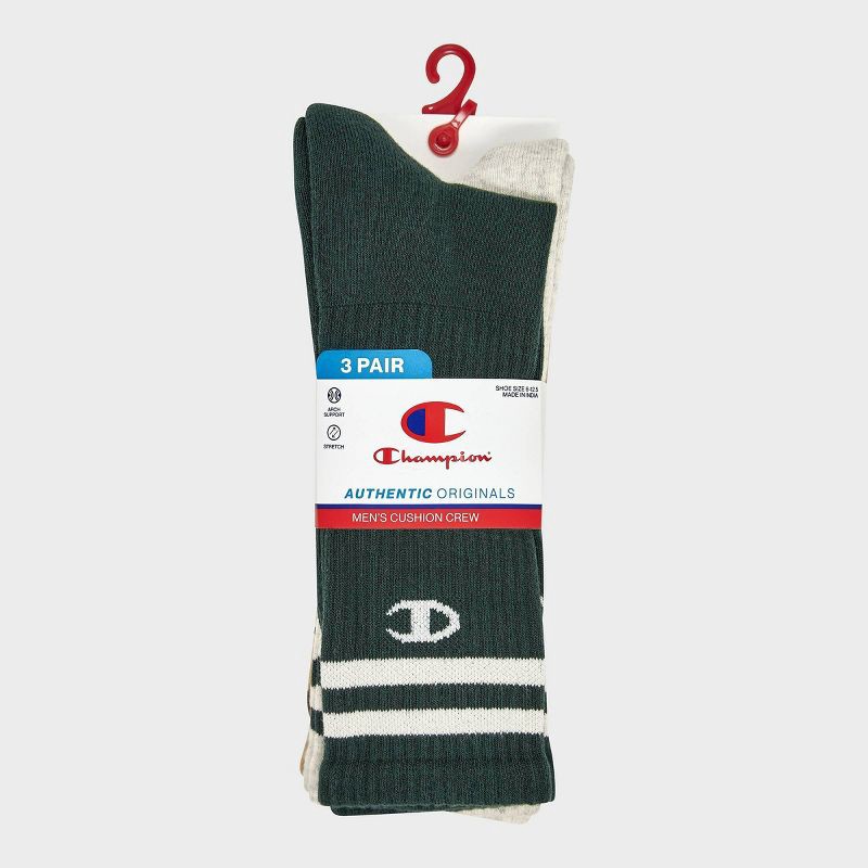 slide 2 of 4, Champion Authentic Originals Men's 3pk Varsity Cushion Crew Socks - Green/Cream/Tan 6-12, 3 ct
