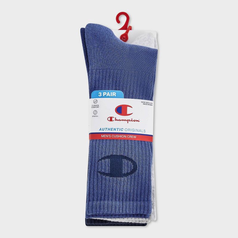 slide 2 of 4, Champion Authentic Originals Men's 3pk Logo Cushion Crew Socks - Blue/Gray/Navy 6-12, 3 ct