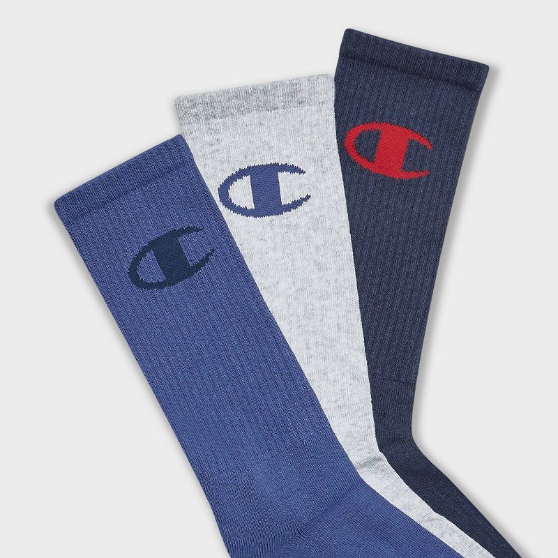 slide 3 of 4, Champion Authentic Originals Men's 3pk Logo Cushion Crew Socks - Blue/Gray/Navy 6-12, 3 ct
