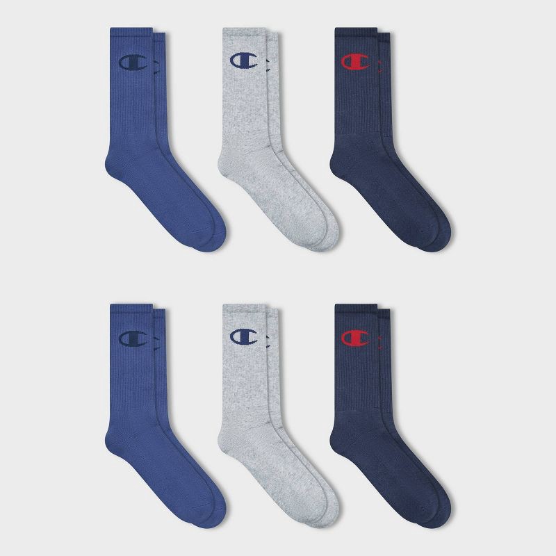 slide 4 of 4, Champion Authentic Originals Men's 3pk Logo Cushion Crew Socks - Blue/Gray/Navy 6-12, 3 ct