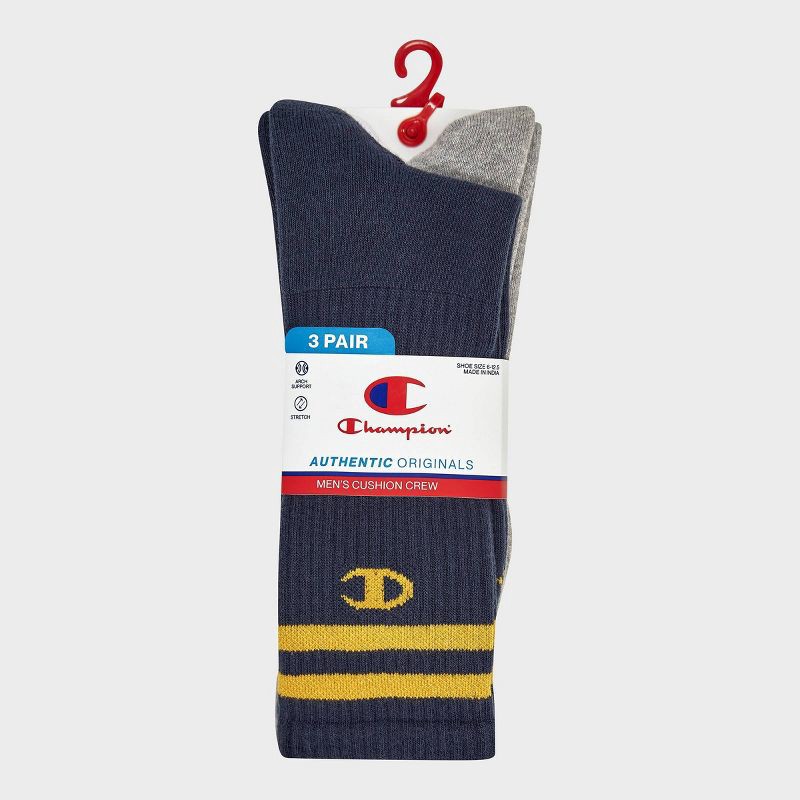 slide 3 of 4, Champion Authentic Originals Men's 3pk Varsity Cushion Crew Socks - Navy/Gray/White 6-12, 3 ct