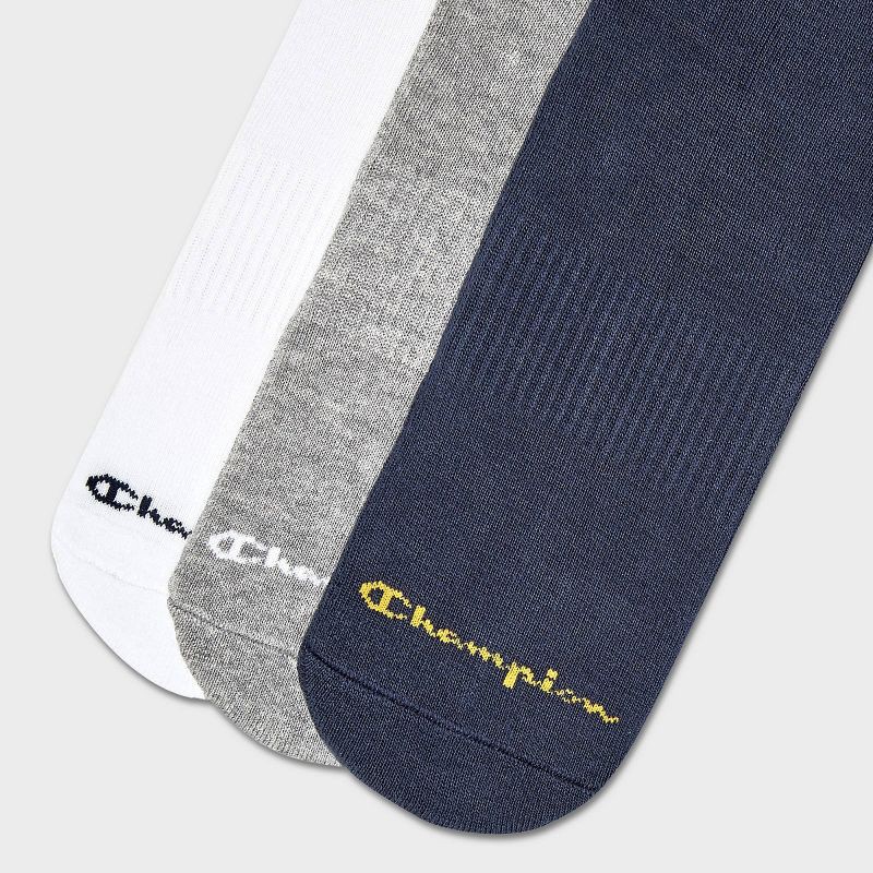 slide 4 of 4, Champion Authentic Originals Men's 3pk Varsity Cushion Crew Socks - Navy/Gray/White 6-12, 3 ct