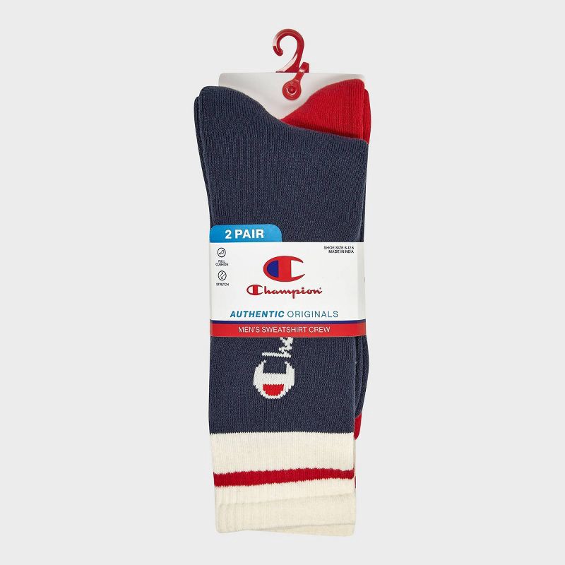slide 2 of 4, Champion Authentic Originals Men's 2pk Sweatshirt Crew Socks - Blue/Red 6-12, 2 ct