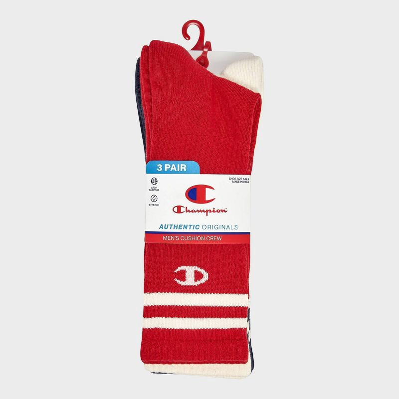 slide 2 of 4, Champion Authentic Originals Men's 3pk Varsity Cushion Crew Socks - Red/Cream/Blue 6-12, 3 ct