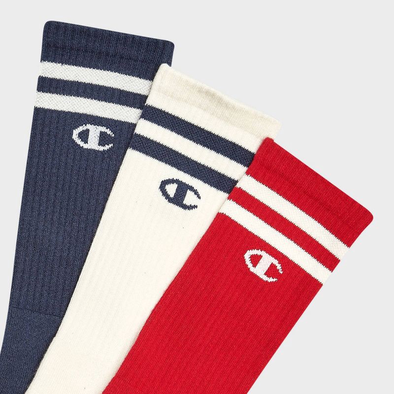 slide 3 of 4, Champion Authentic Originals Men's 3pk Varsity Cushion Crew Socks - Red/Cream/Blue 6-12, 3 ct