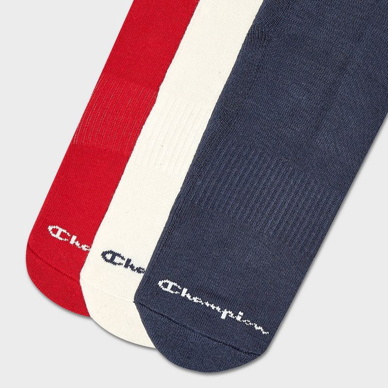 slide 4 of 4, Champion Authentic Originals Men's 3pk Varsity Cushion Crew Socks - Red/Cream/Blue 6-12, 3 ct