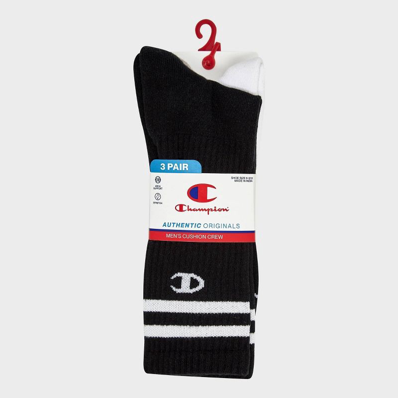 slide 2 of 4, Champion Authentic Originals Men's 3pk Varsity Cushion Crew Socks - Gray/White/Black 6-12, 3 ct