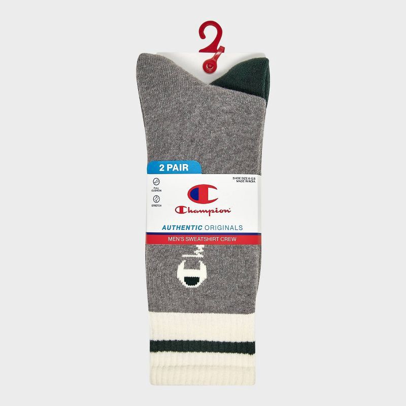 slide 2 of 4, Champion Authentic Originals Men's 2pk Sweatshirt Crew Socks - Gray/Green 6-12, 2 ct