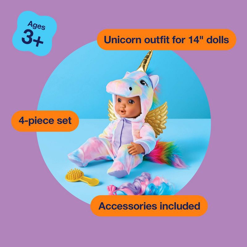 slide 5 of 5, 14" Baby Doll Unicorn Outfit - Gigglescape™: Fantasy-Themed Polyester Clothing Set for 14-Inch Dolls, 1 ct