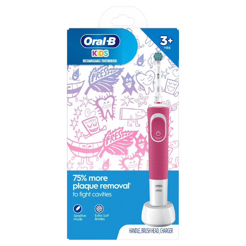 slide 9 of 9, Oral-B Kids' Electric Toothbrush with Sensitive Brush Head and Timer - Pink, 1 ct