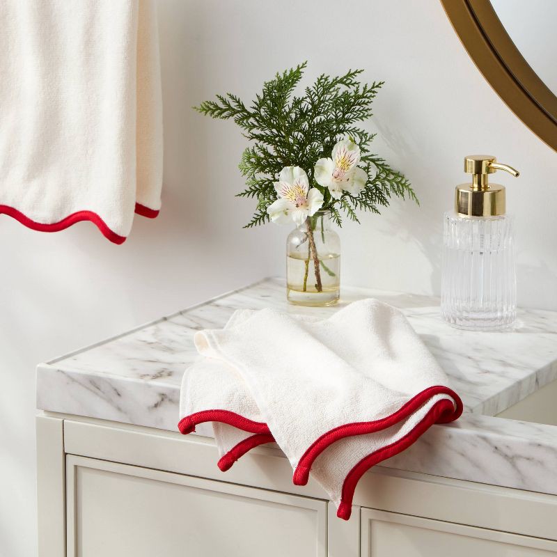 slide 2 of 4, 2pk Scalloped Christmas Hand Towels Cream/Red - Threshold™, 2 ct