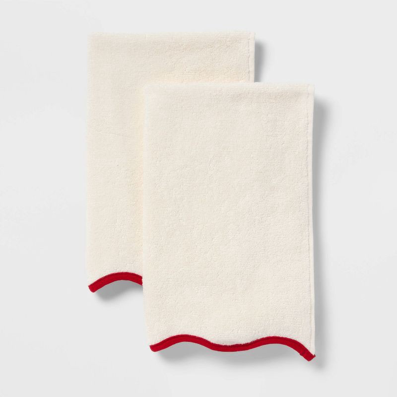 slide 1 of 4, 2pk Scalloped Christmas Hand Towels Cream/Red - Threshold™, 2 ct