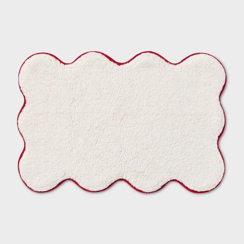 slide 1 of 4, 20"x30" Scalloped Christmas Bath Rug Cream/Red - Threshold™, 1 ct