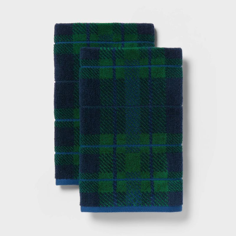 slide 1 of 6, 2pk Winter Wonderland Plaid Christmas Hand Towels Blue/Green - Threshold™, 2 ct