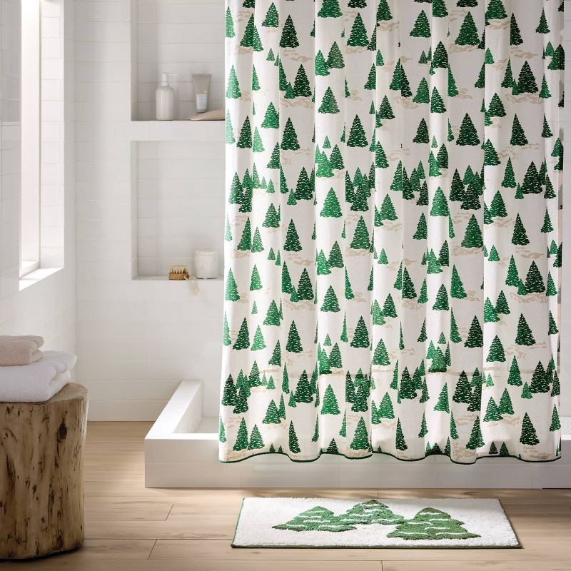 slide 2 of 4, Tree Shower Curtain with Pom Pom Lace Trims Green - Threshold™, 1 ct