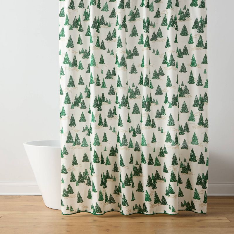 slide 1 of 4, Tree Shower Curtain with Pom Pom Lace Trims Green - Threshold™, 1 ct