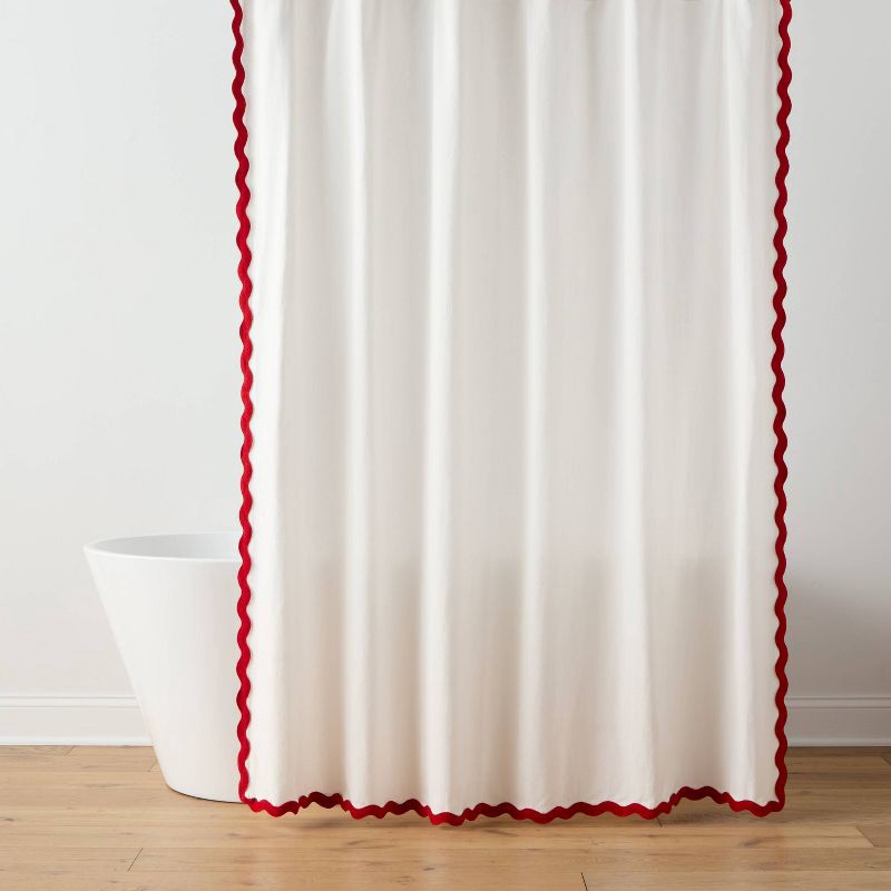 slide 1 of 4, 72"x72" Scalloped Christmas Shower Curtain Cream/Red - Threshold™, 1 ct