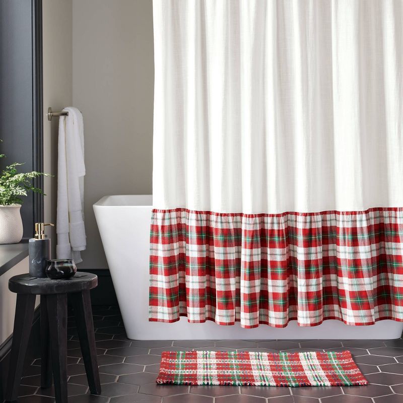 slide 2 of 4, 72"x72" Green/Red Plaid Ruffle Christmas Shower Curtain Cream - Threshold™, 1 ct