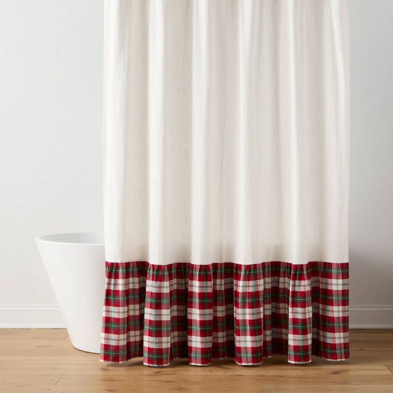 slide 1 of 4, 72"x72" Green/Red Plaid Ruffle Christmas Shower Curtain Cream - Threshold™, 1 ct