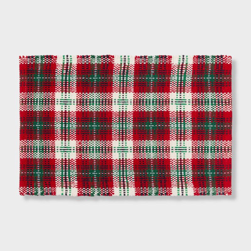 slide 1 of 4, 20"x30" Woven Plaid Christmas Bath Rug Red/Green - Threshold™, 1 ct