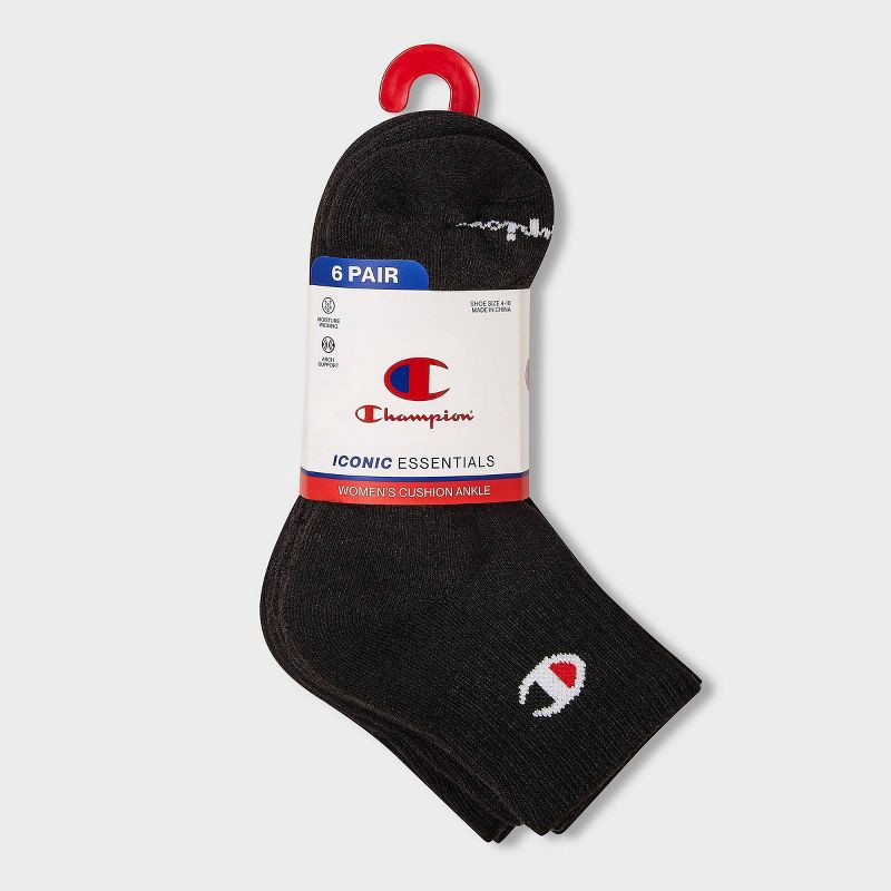 slide 2 of 4, Champion Iconic Essentials Women's 6pk Cushioned Quarter Crew Socks - Black 4-10, 6 ct