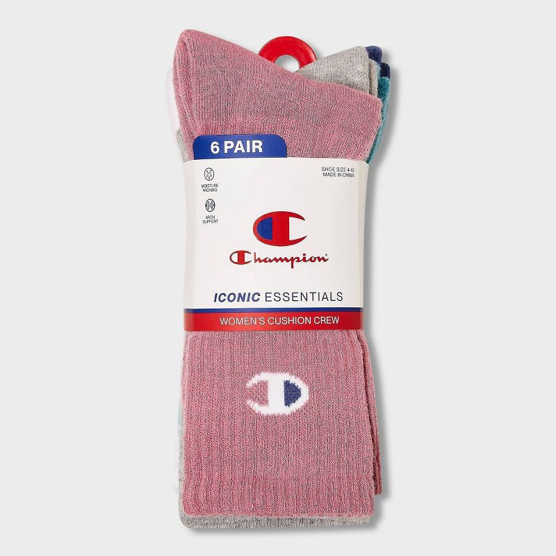 slide 2 of 4, Champion Iconic Essentials Women's 6pk Cushioned Crew Socks - Pink/Gray/White/Teal/Blue 4-10, 6 ct