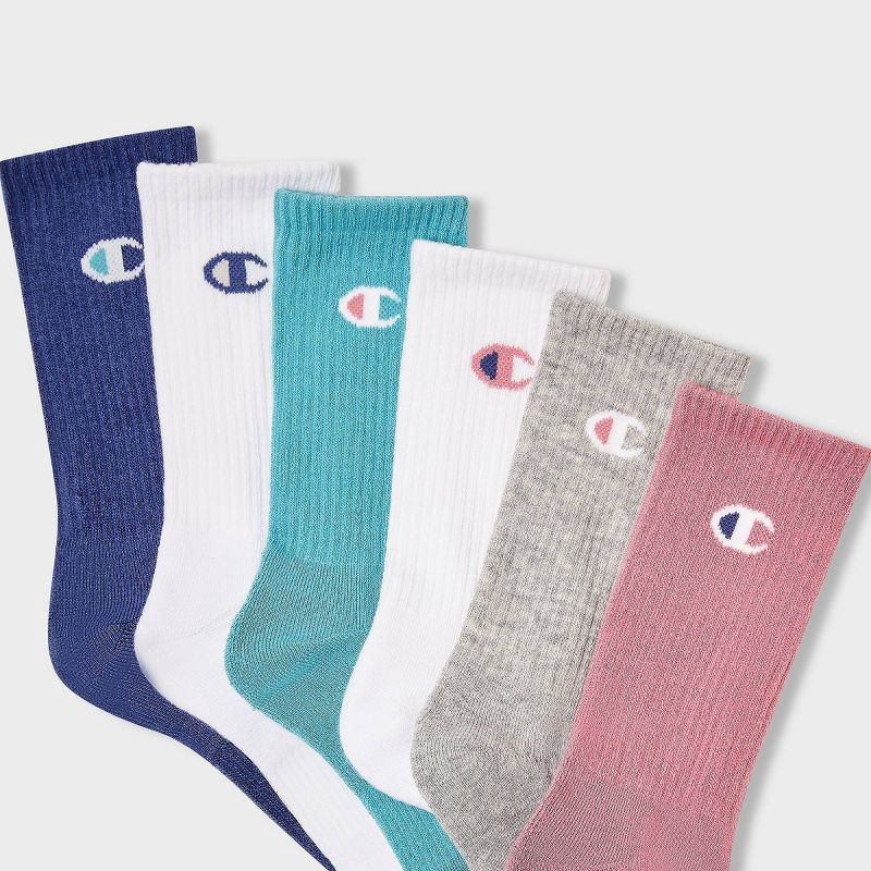 slide 3 of 4, Champion Iconic Essentials Women's 6pk Cushioned Crew Socks - Pink/Gray/White/Teal/Blue 4-10, 6 ct