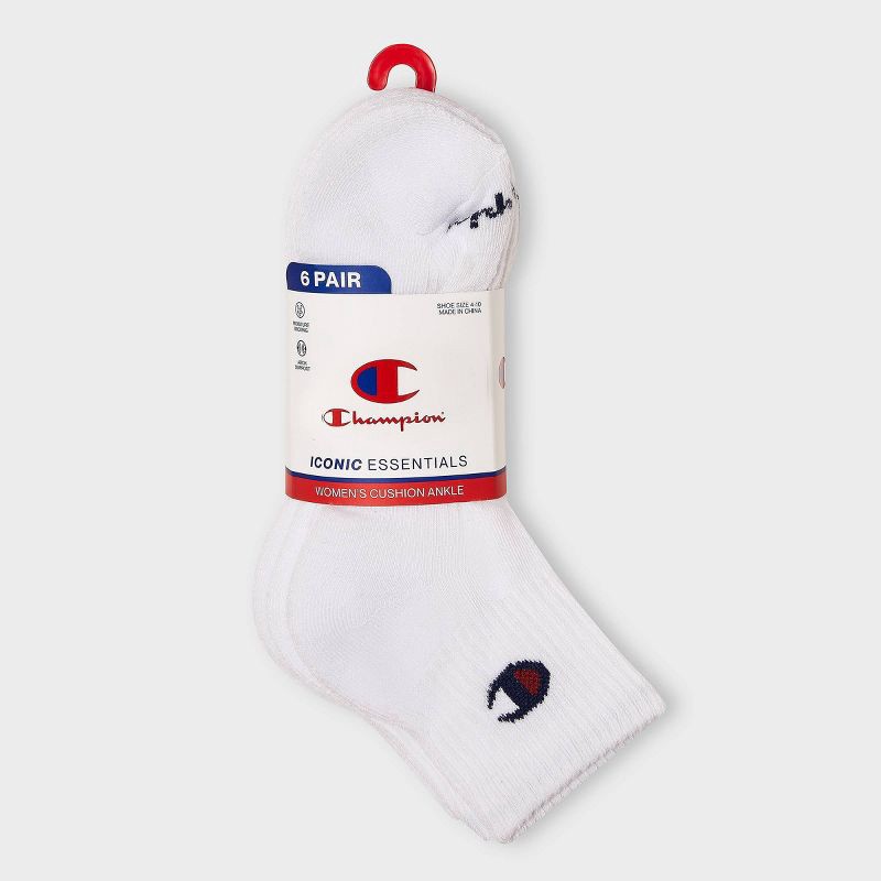 slide 2 of 4, Champion Iconic Essentials Women's 6pk Cushioned Quarter Crew Socks - White 4-10, 6 ct