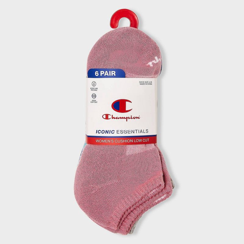 slide 2 of 3, Champion Iconic Essentials Women's 6pk Cushioned Low Cut Socks - Pink/Gray/White/Teal/Blue 4-10, 6 ct