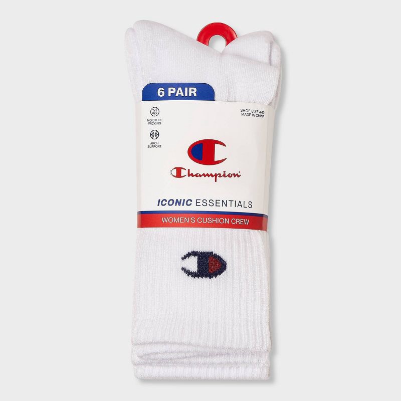 slide 2 of 4, Champion Iconic Essentials Women's 6pk Cushioned Crew Socks - White 4-10, 6 ct