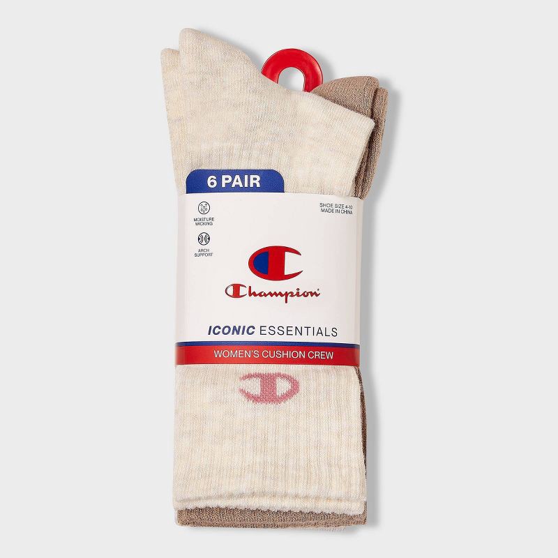 slide 2 of 4, Champion Iconic Essentials Women's 6pk Cushioned Crew Socks - Oatmeal/Tan/White/Gray 4-10, 6 ct