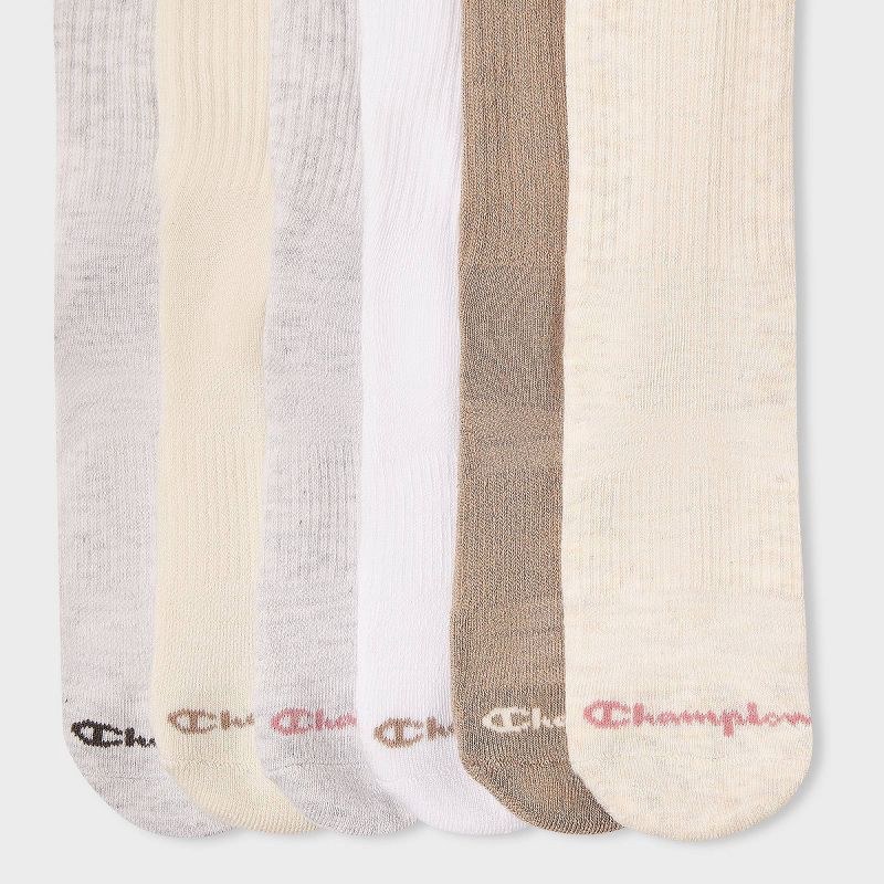 slide 4 of 4, Champion Iconic Essentials Women's 6pk Cushioned Crew Socks - Oatmeal/Tan/White/Gray 4-10, 6 ct