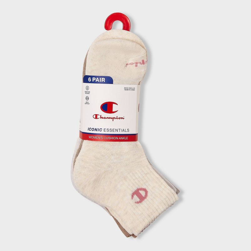 slide 2 of 4, Champion Iconic Essentials Women's 6pk Cushioned Quarter Crew Socks - Oatmeal/Tan/White/Gray 4-10, 6 ct